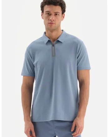 Tricou polo cu fenta cu fermoar, Albastru prafuit