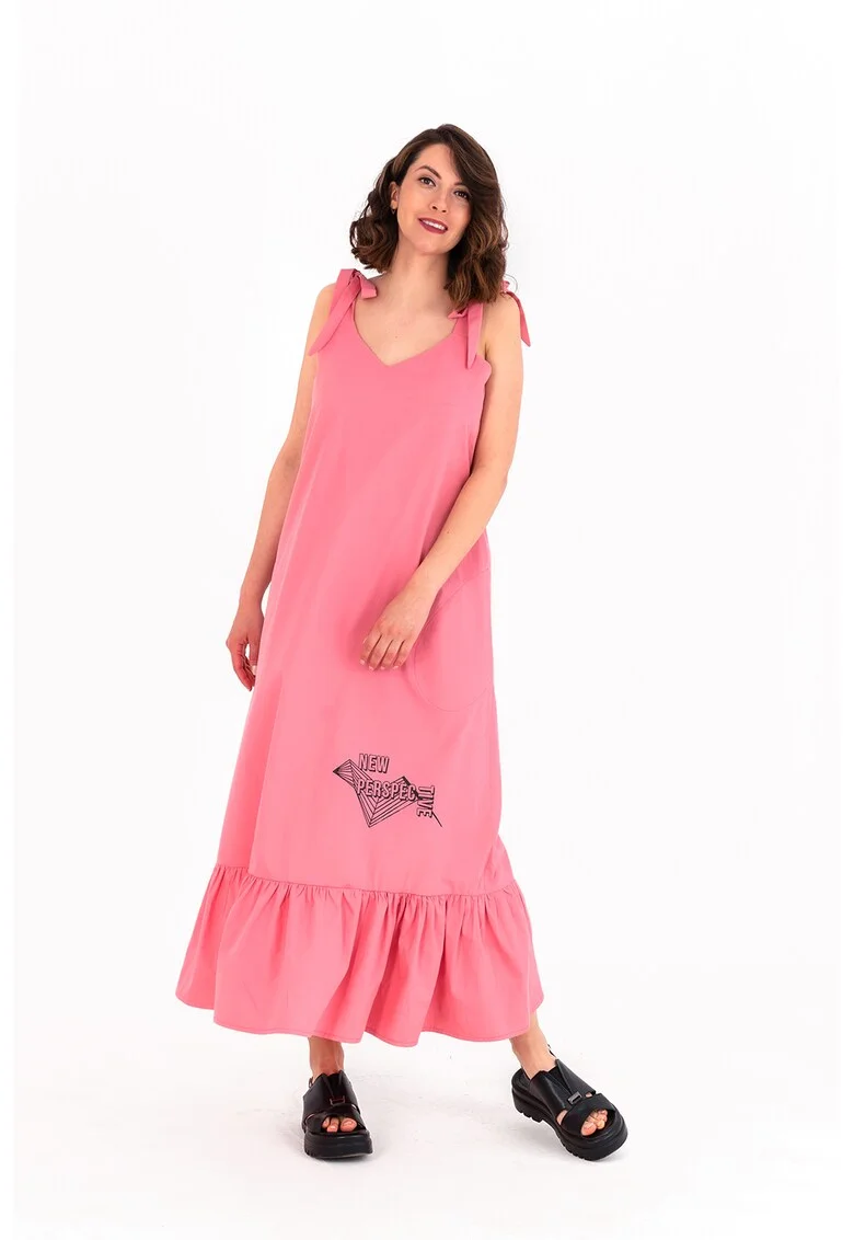 Rochie fara maneci si cordon in talie, Negru/Roz