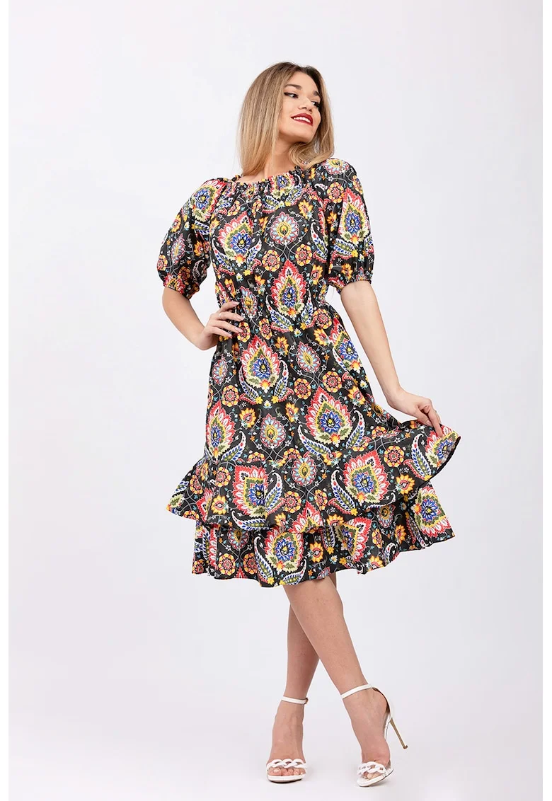 Rochie midi cu maneci bufante, Multicolor