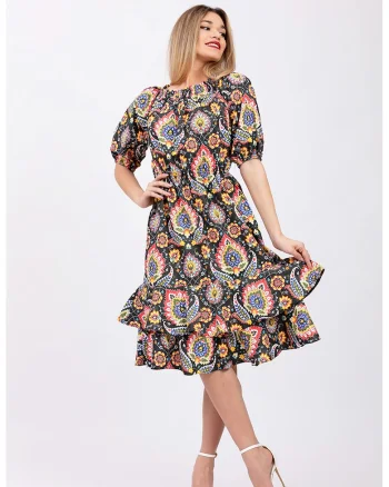 Rochie midi cu maneci bufante, Multicolor