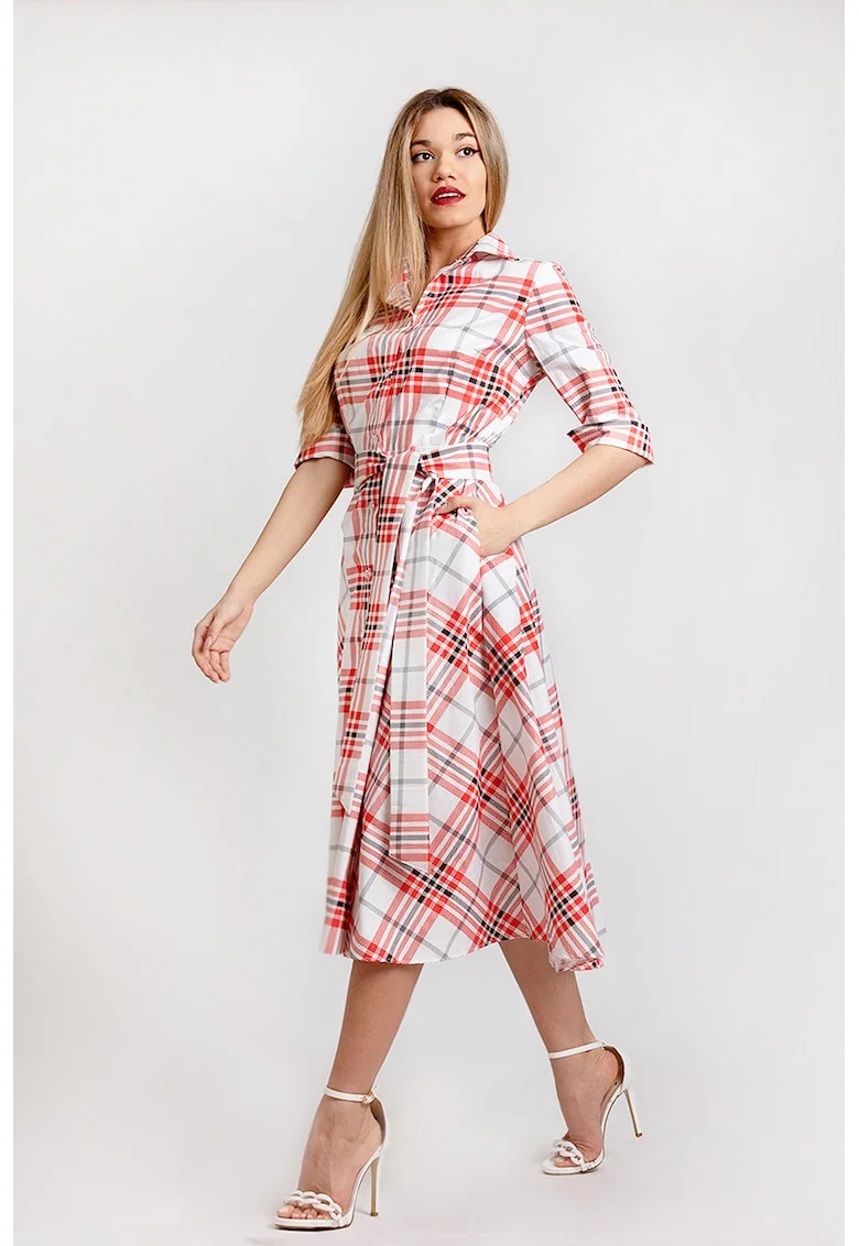Rochie-camasa evazata cu cordon in talie, Rosu/Alb/Negru