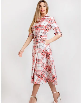 Rochie-camasa evazata cu cordon in talie, Rosu/Alb/Negru