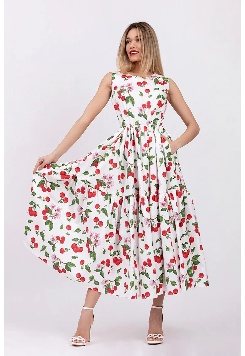 Rochie evazata fara maneci cu buzunare laterale, Rosu/Alb/Verde