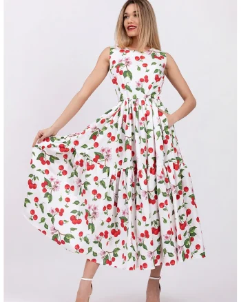 Rochie evazata fara maneci cu buzunare laterale, Rosu/Alb/Verde