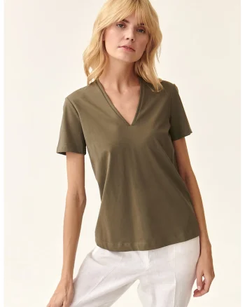 Tricou de bumbac cu decolteu in V, Kaki