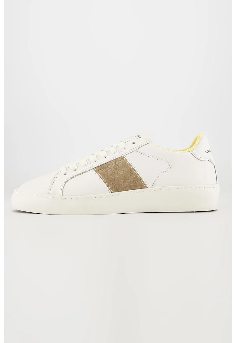 Pantofi sport de piele cu insertii de piele intoarsa, Alb/Maro taupe