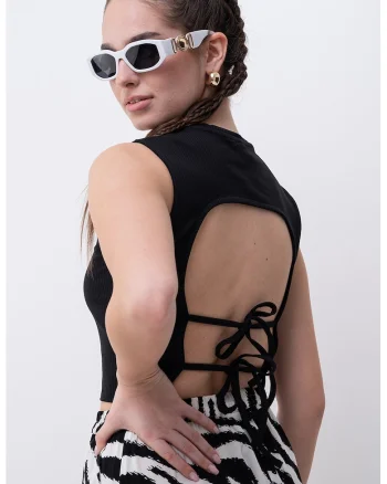 Top crop striat cu decupaj pe spate, Negru