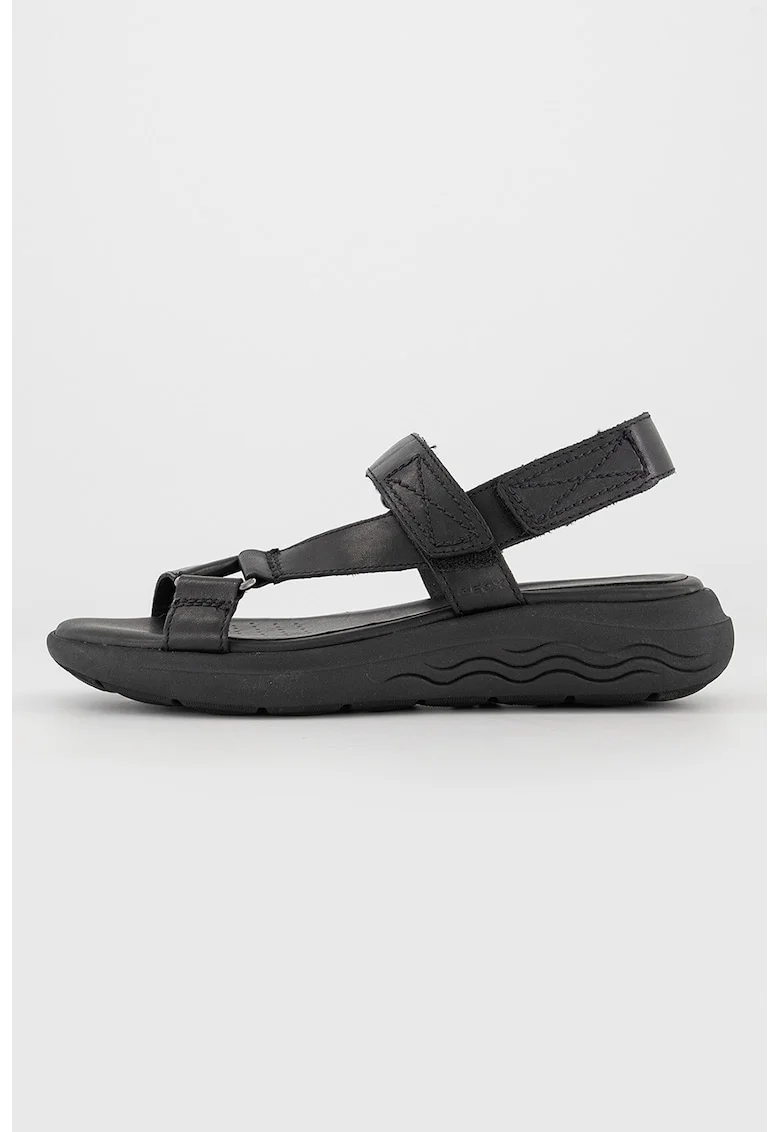 Sandale din piele cu talpa wedge si inchidere velcro Spherica, Negru