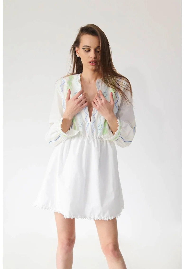 Rochie-tunica cu broderie, Alb/Verde/Albastru