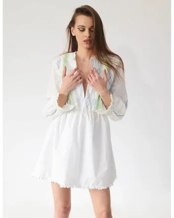 Rochie-tunica cu broderie, Alb/Verde/Albastru