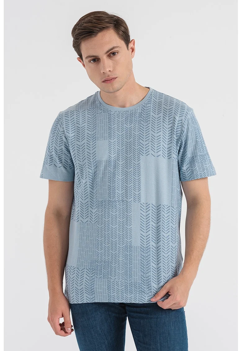 Tricou cu decolteu la baza gatului si imprimeu, Albastru
