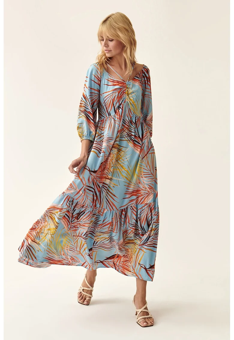 Rochie maxi cu imprimeu tropical, Galben/Portocaliu/Albastru deschis