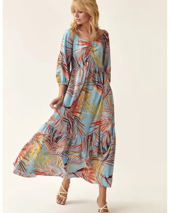 Rochie maxi cu imprimeu tropical, Galben/Portocaliu/Albastru deschis