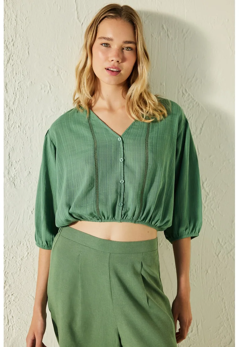 Bluza crop de plaja cu nasturi, Albastru glaciar