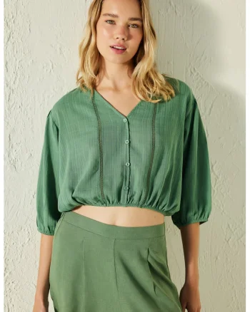 Bluza crop de plaja cu nasturi, Albastru glaciar