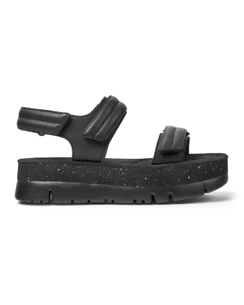 Sandale din piele cu inchidere velcro si talpa wedge, Negru