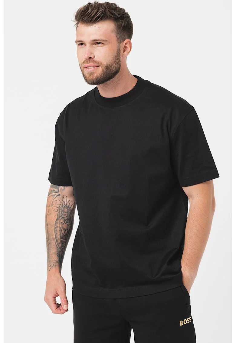 Tricou din bumbac cu decolteu la baza gatului Timm, Negru