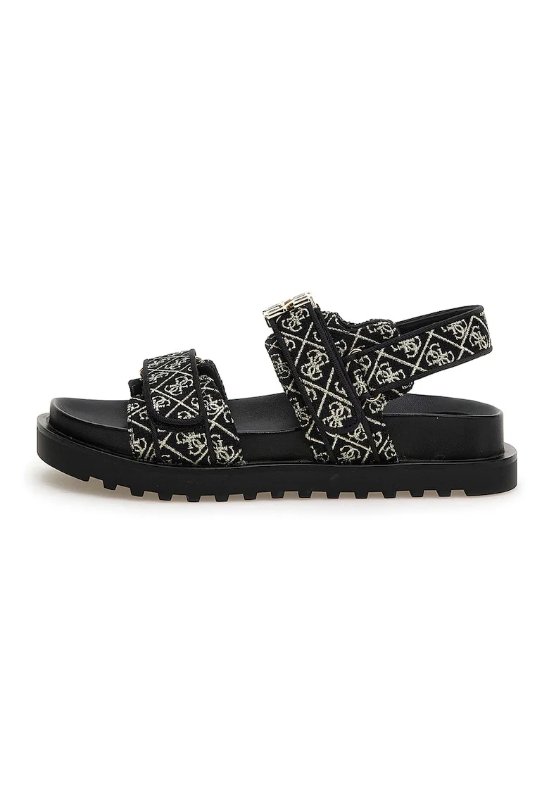 Sandale cu velcro si logo metalic, Auriu/Negru