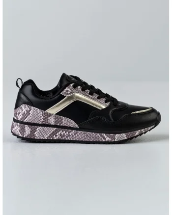 Pantofi sport de piele ecologica cu model piele de reptila, Auriu/Negru