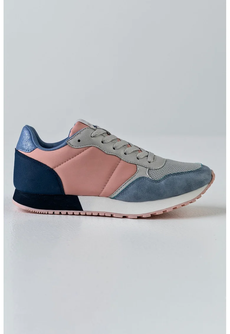 Pantofi sport colorblock cu insertii de piele intoarsa sintetica, Gri/Roz prafuit/Bleumarin