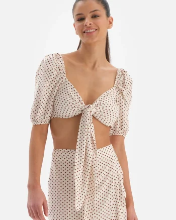 Bluza crop cu model cu buline, Rosu inchis/Crem