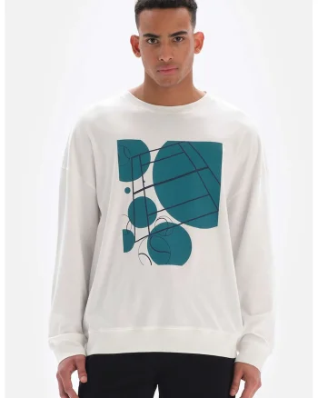 Bluza sport cu imprimeu si maneci cazute, Alb/Verde persan