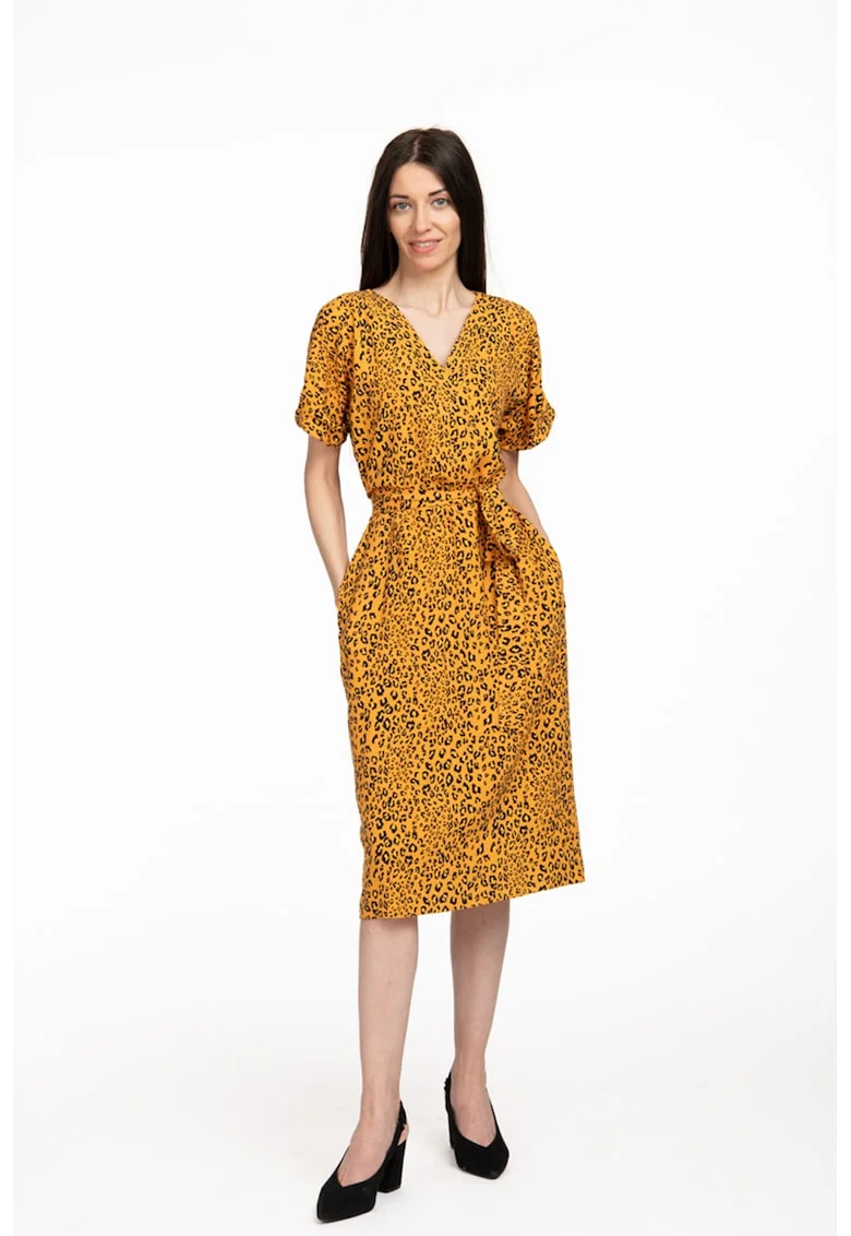 Rochie cu decolteu in V si animal print Arabella, Negru/Galben sofran