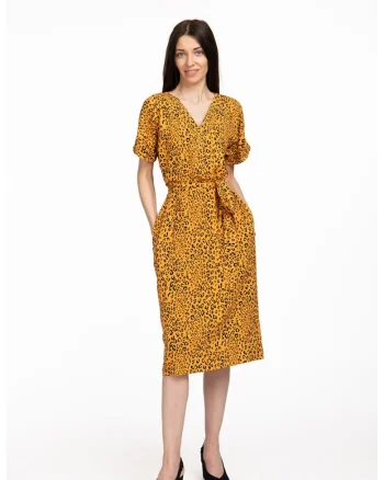 Rochie cu decolteu in V si animal print Arabella, Negru/Galben sofran