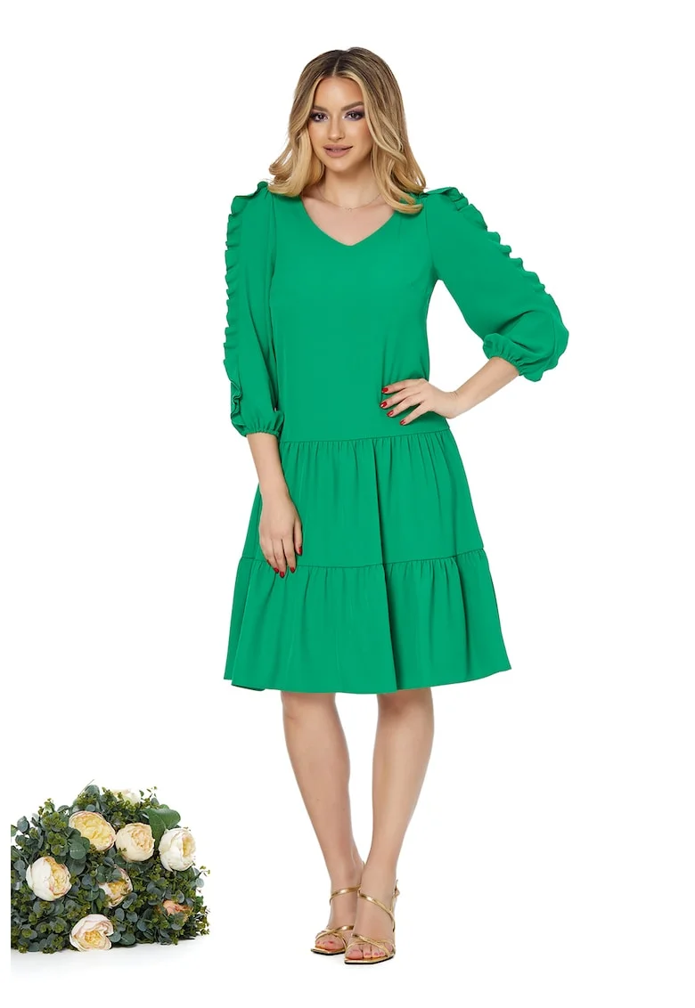 Rochie cu decolteu in V si terminatie evazata, Verde