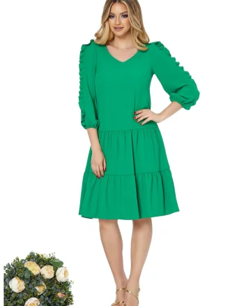 Rochie cu decolteu in V si terminatie evazata, Verde