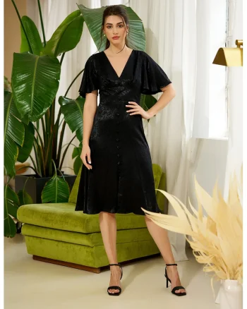 Rochie de satin cu maneci fluture, Negru