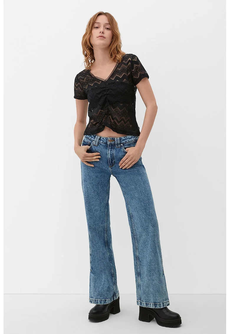 Tricou semitransparent cu model cu fronseuri, Negru