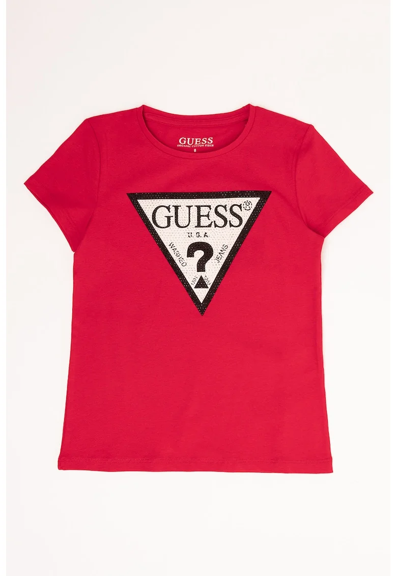 Tricou cu imprimeu logo si strasuri, Rosu inchis