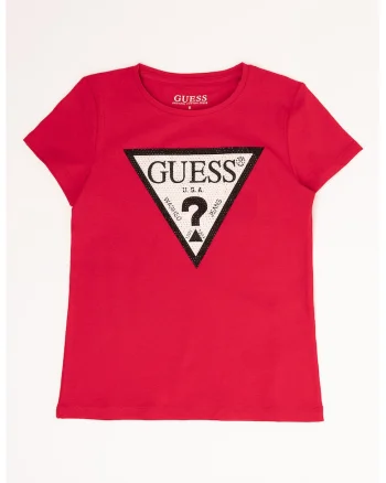 Tricou cu imprimeu logo si strasuri, Rosu inchis