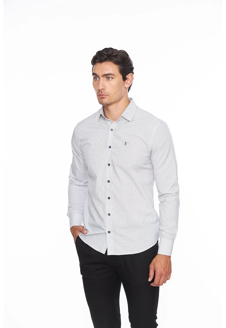 Camasa slim fit cu model, Alb/Albastru