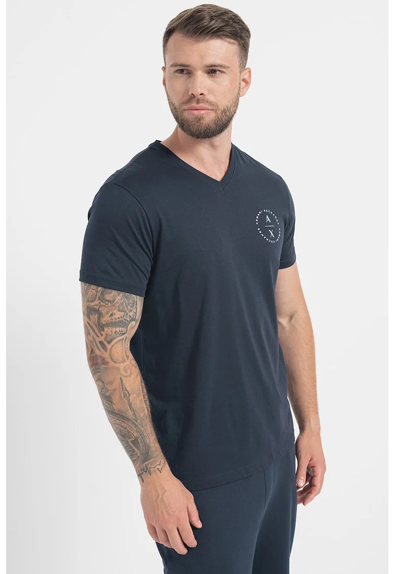 Tricou cu decolteu in V si logo, Bleumarin