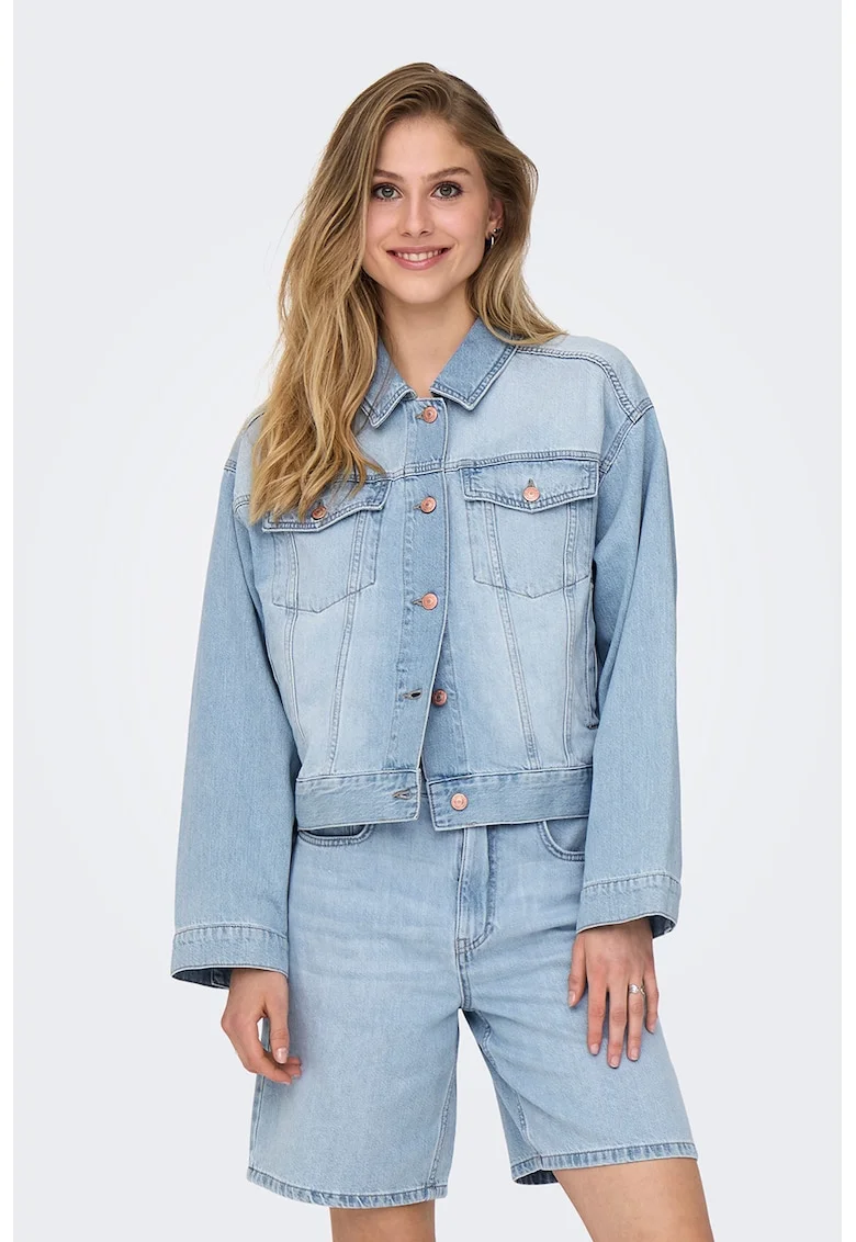 Jacheta din denim cu maneci cazute, Albastru prafuit