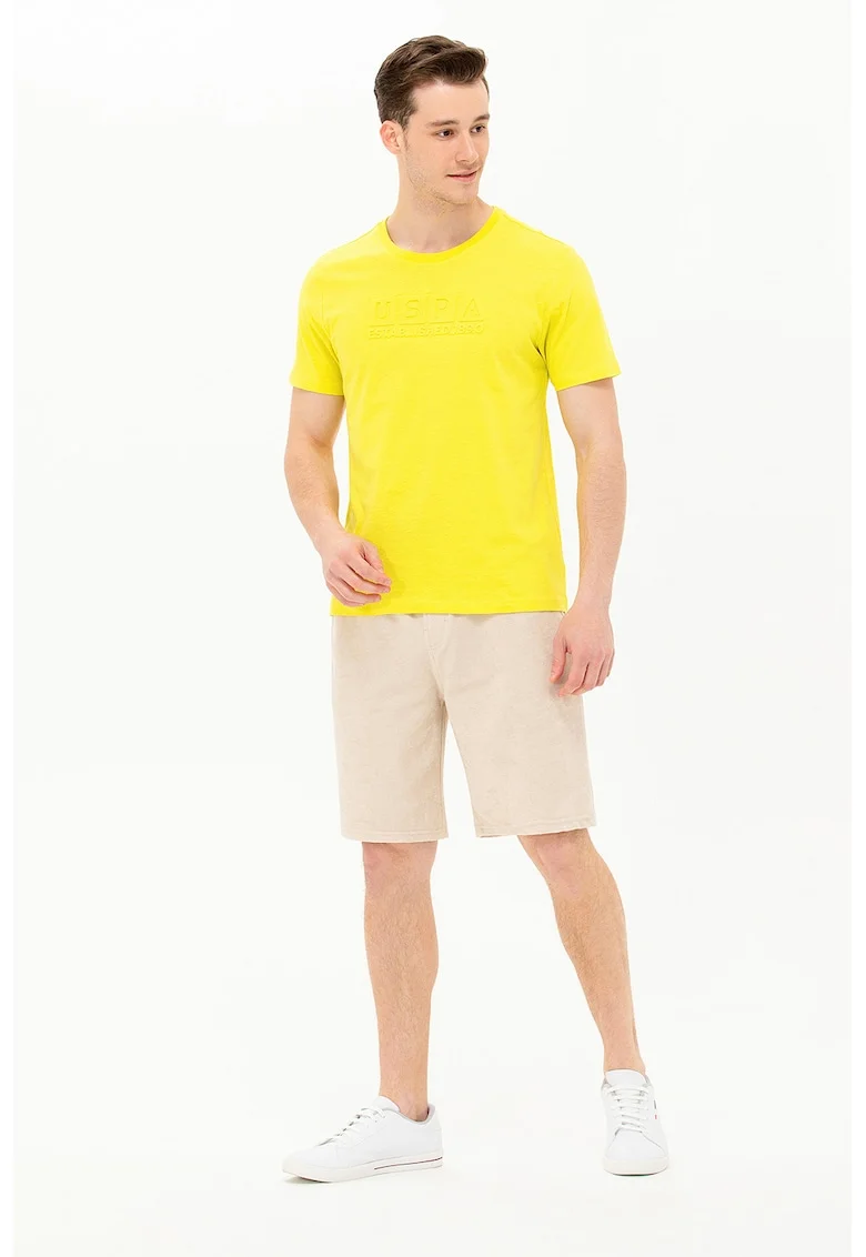 Tricou cu decolteu la baza gatului si logo in relief, Galben