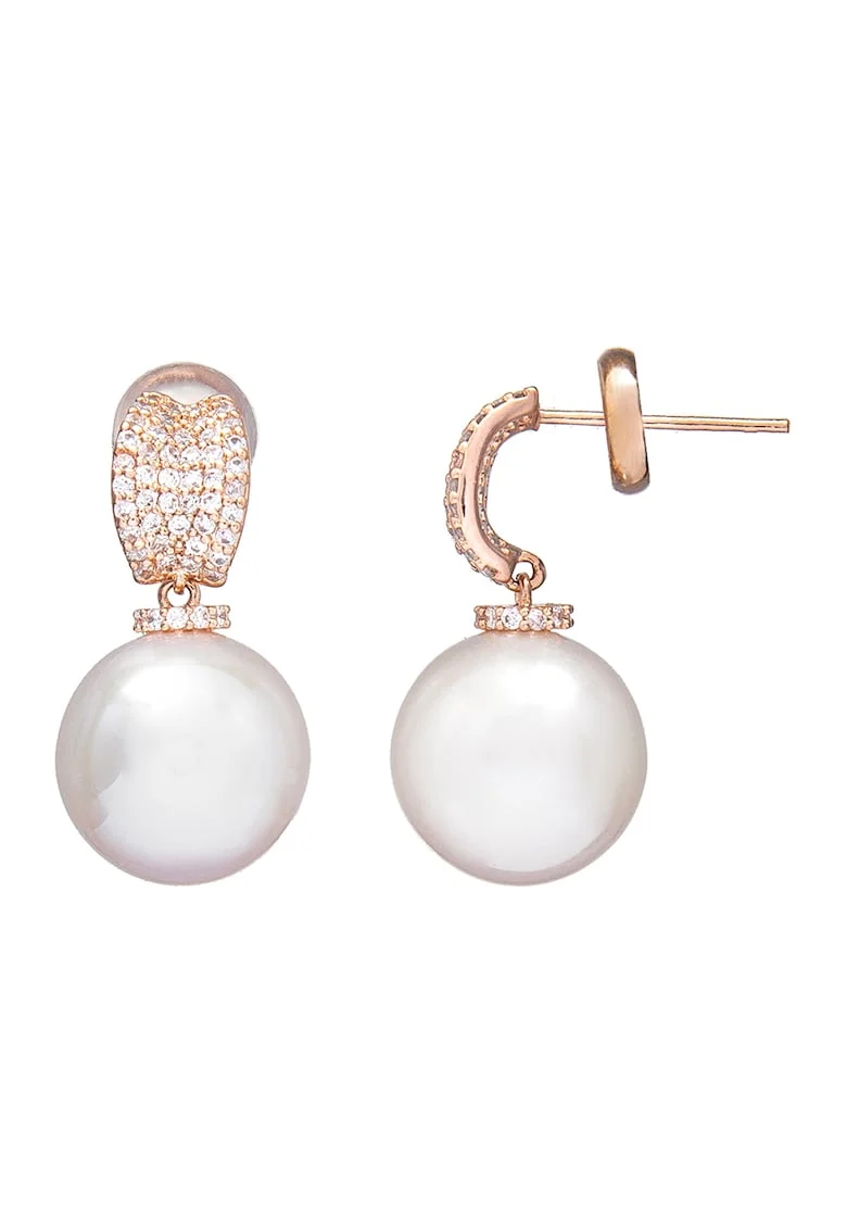 Cercei cu zirconia si perle, Alb/Auriu rose