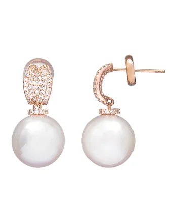 Cercei cu zirconia si perle, Alb/Auriu rose