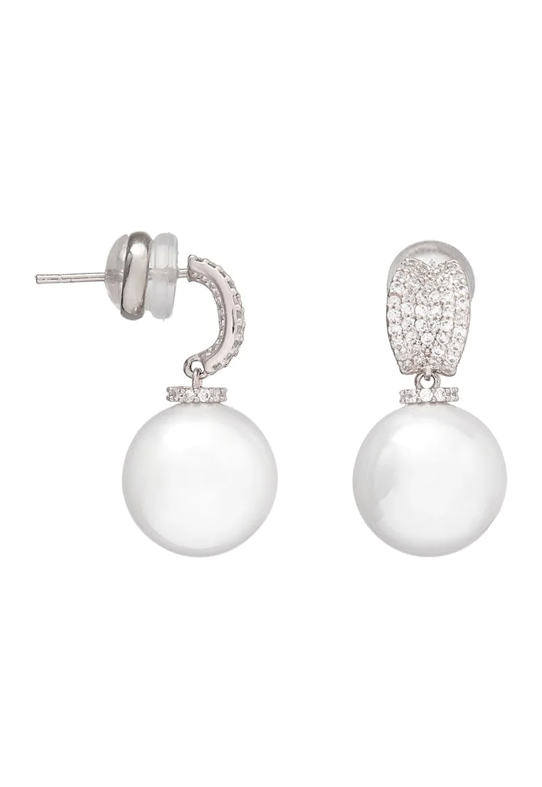 Cercei decorati cu perle de sticla si zirconia, Alb/Argintiu