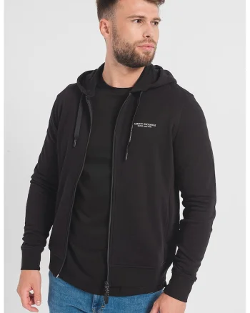 Hanorac de bumbac cu fermoar si logo, Negru