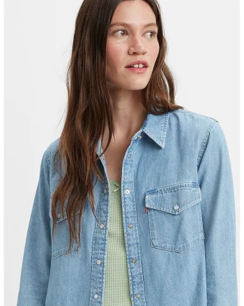 Camasa de denim cu buzunare pe piept, Albastru pastel