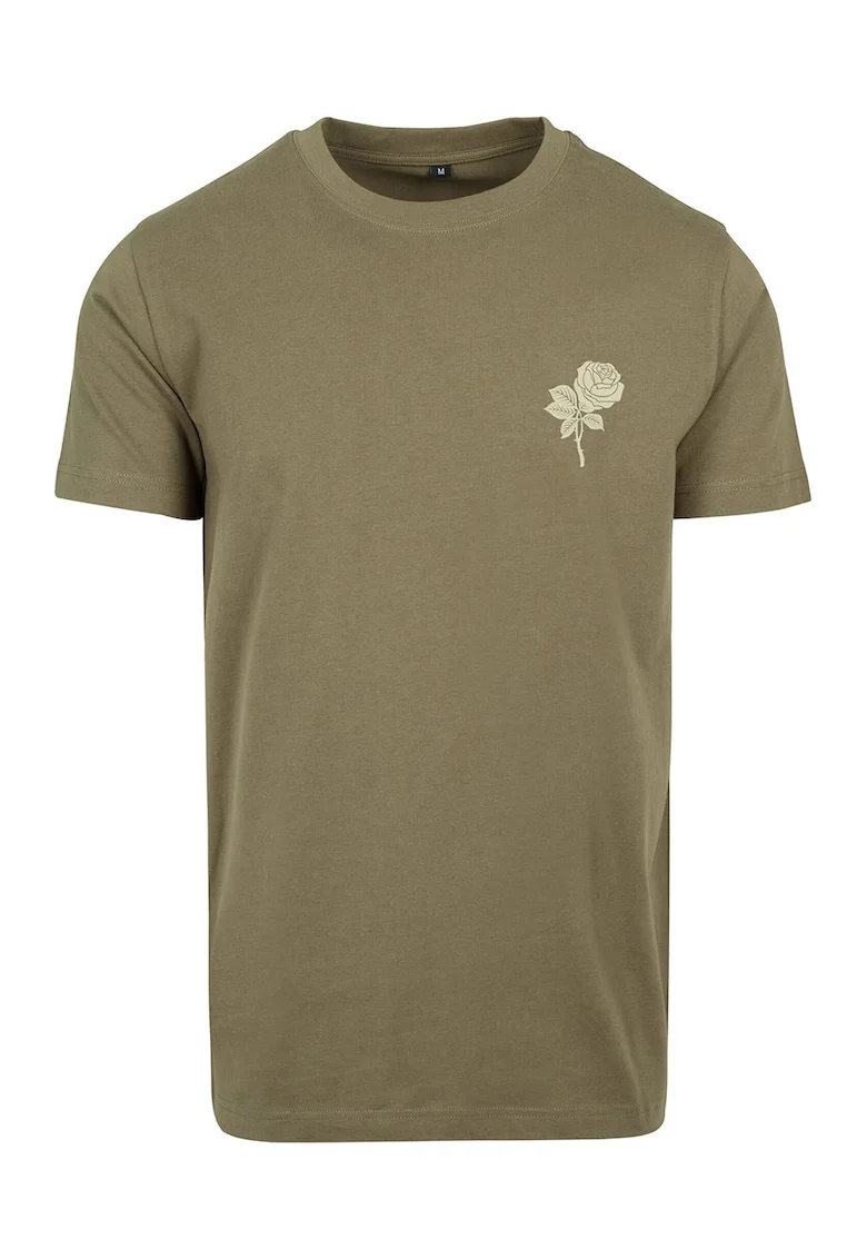 Tricou unisex cu decolteu la baza gatului si imprimeu, Verde masliniu
