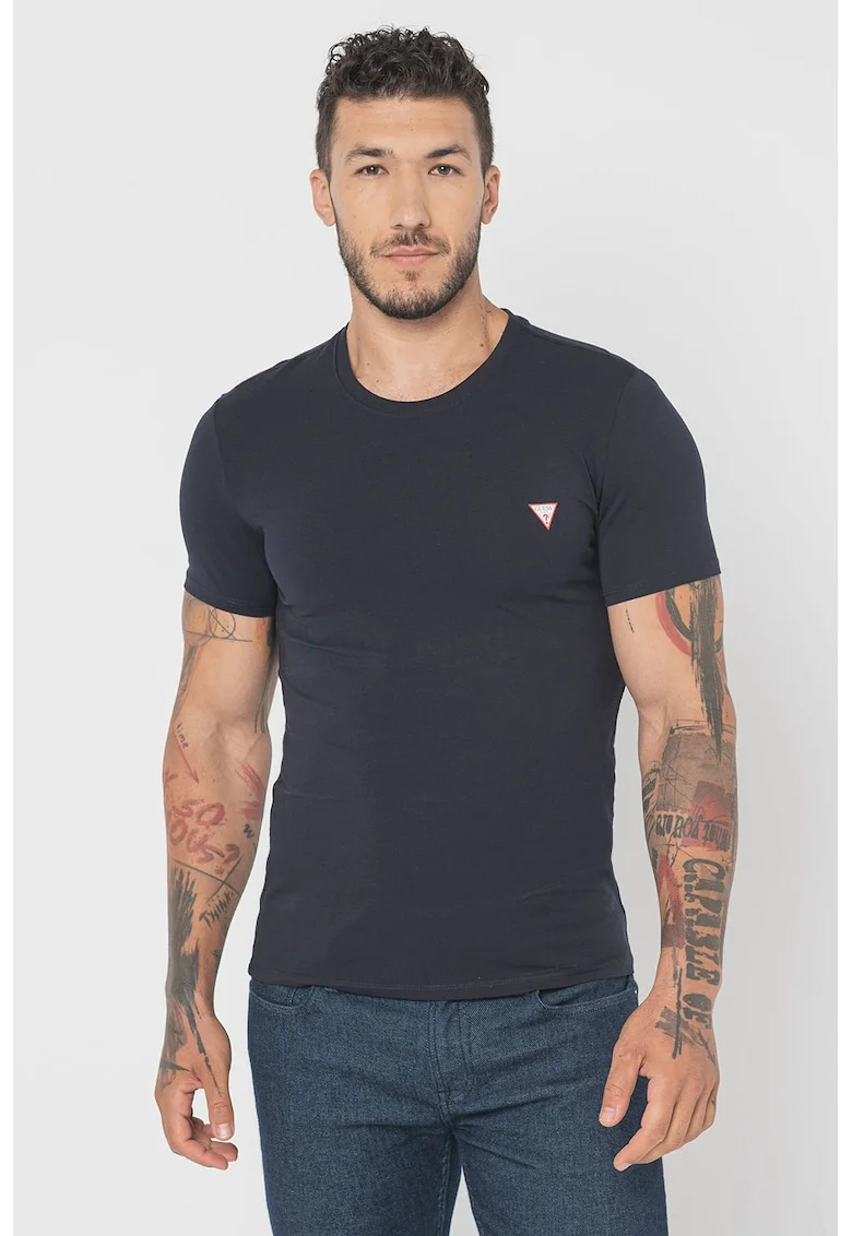Tricou slim-fit cu decolteu la baza gatului, Albastru ultramarin