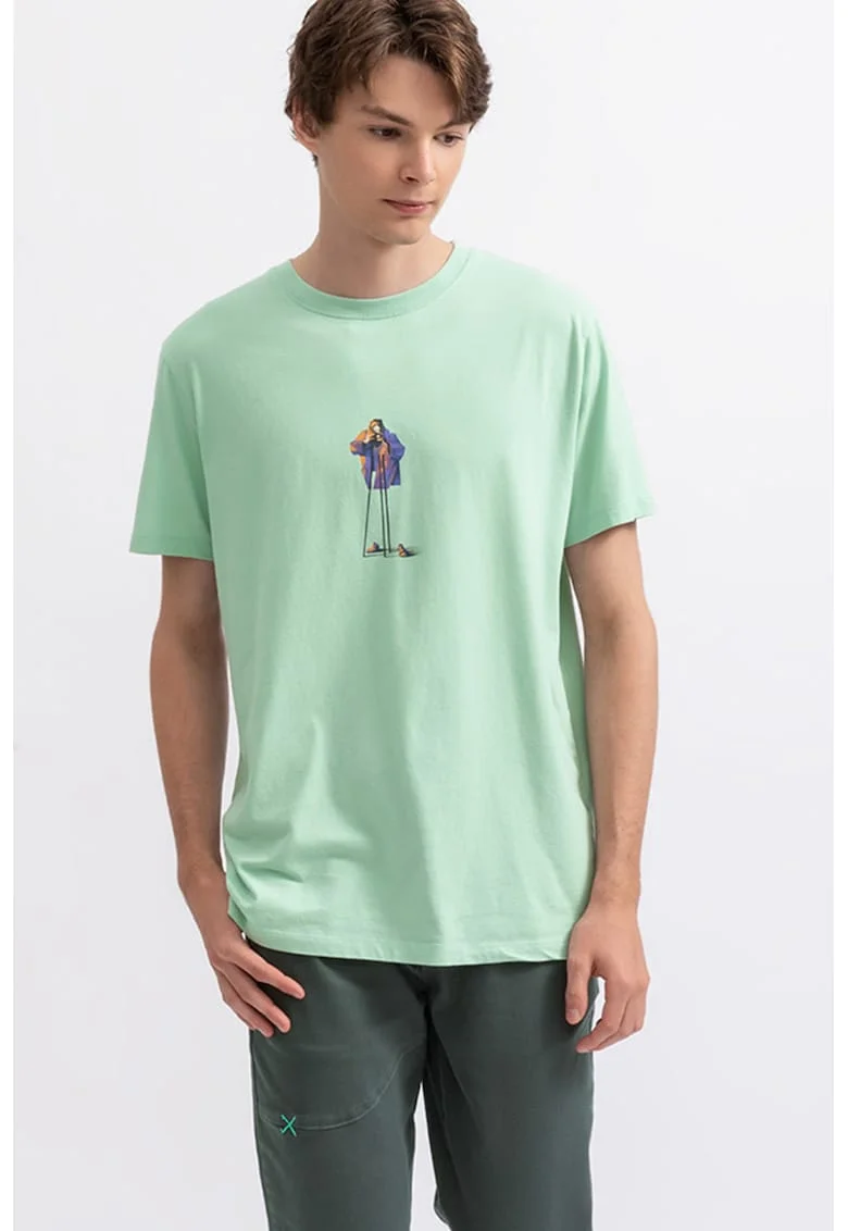 Tricou unisex cu decolteu la baza gatului si imprimeu, Verde menta