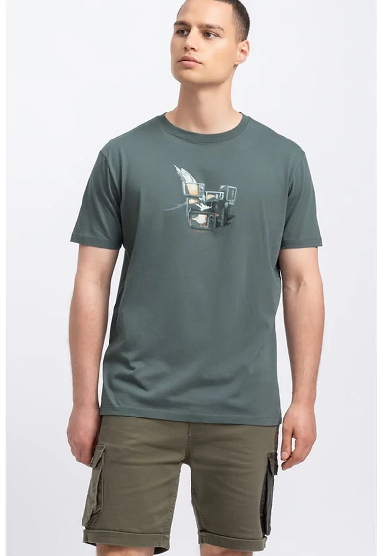 Tricou unisex cu imprimeu pe piept, Verde inchis