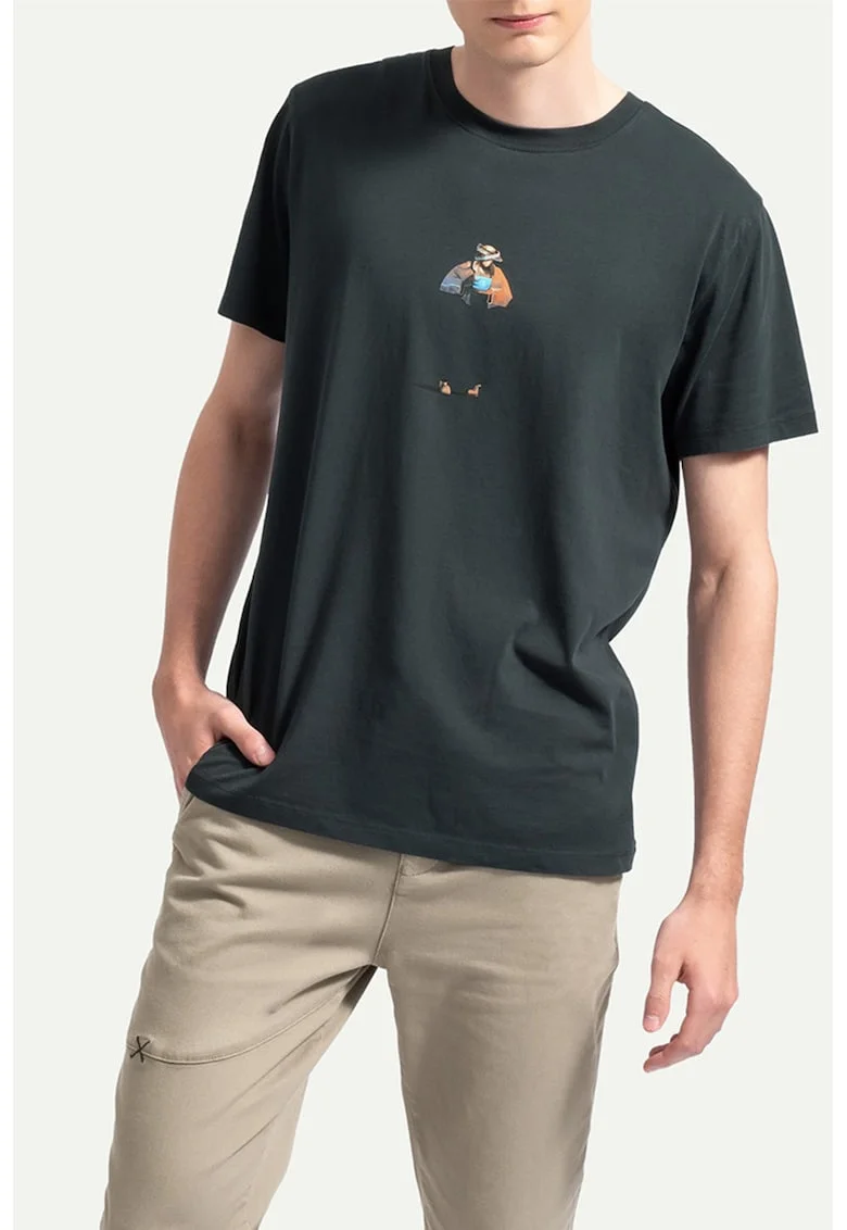 Tricou unisex cu imprimeu si decolteu la baza gatului, Verde inchis