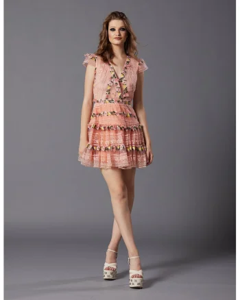 Rochie mini cu broderie florala Aronia, Roz pastel