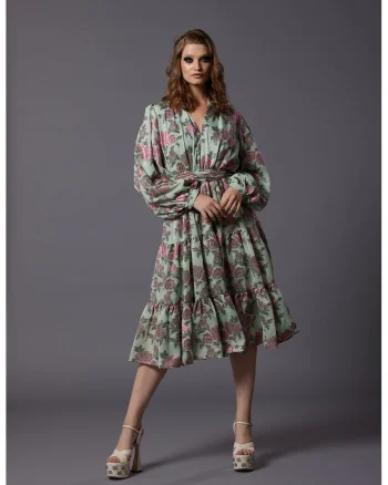 Rochie din amestec de matase cu imprimeu Simina, Roz fandango/Verde pal